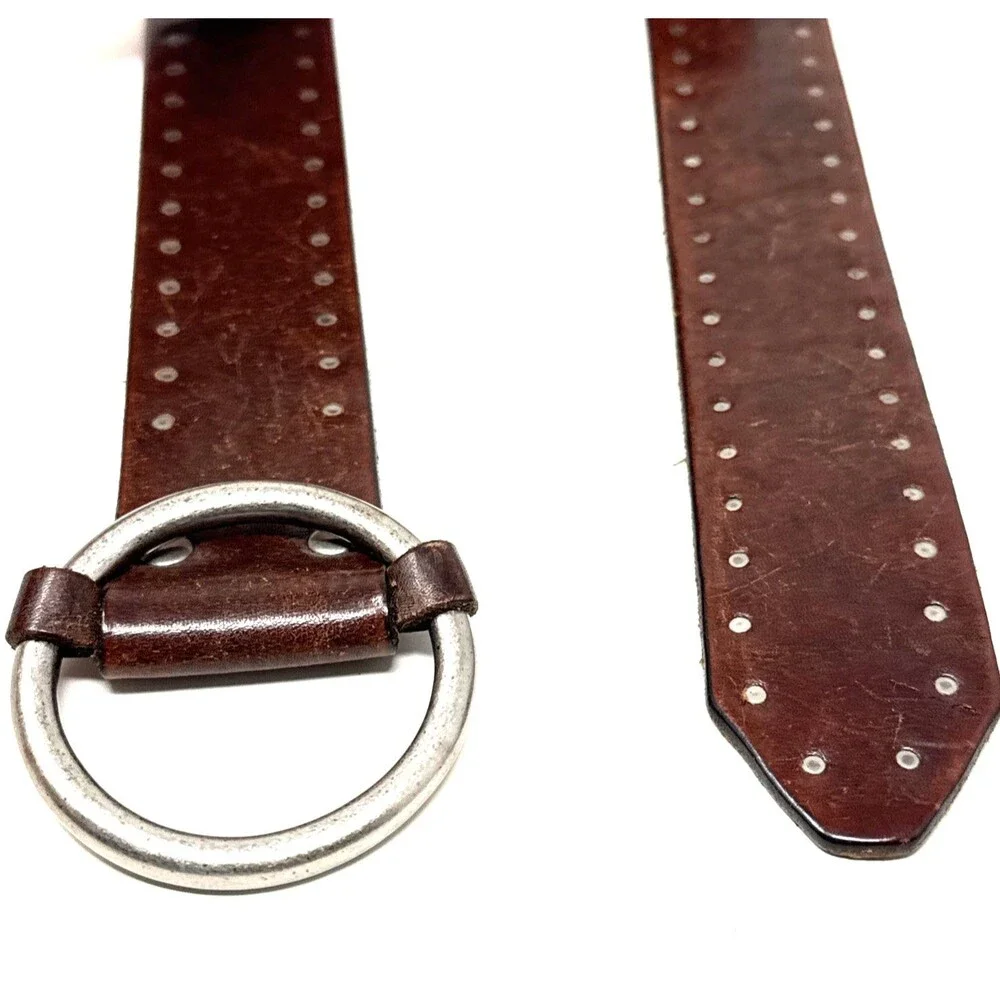 J Crew Rivet Adjustable O Ring Belt Womens S/M Brown VTG Wide Studs Leather